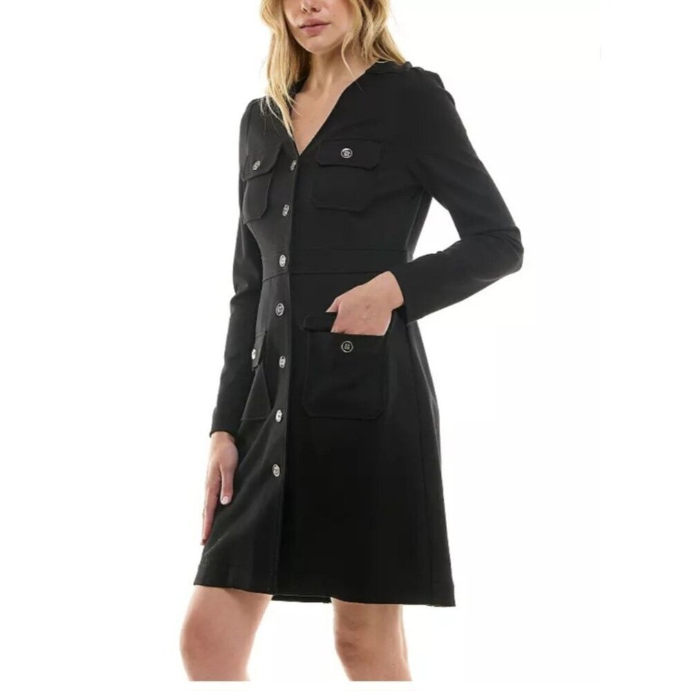 Nanette Lepore Womens Black Long Sleeve Ponte Shirtdress Size 8 Utility Chic NEW